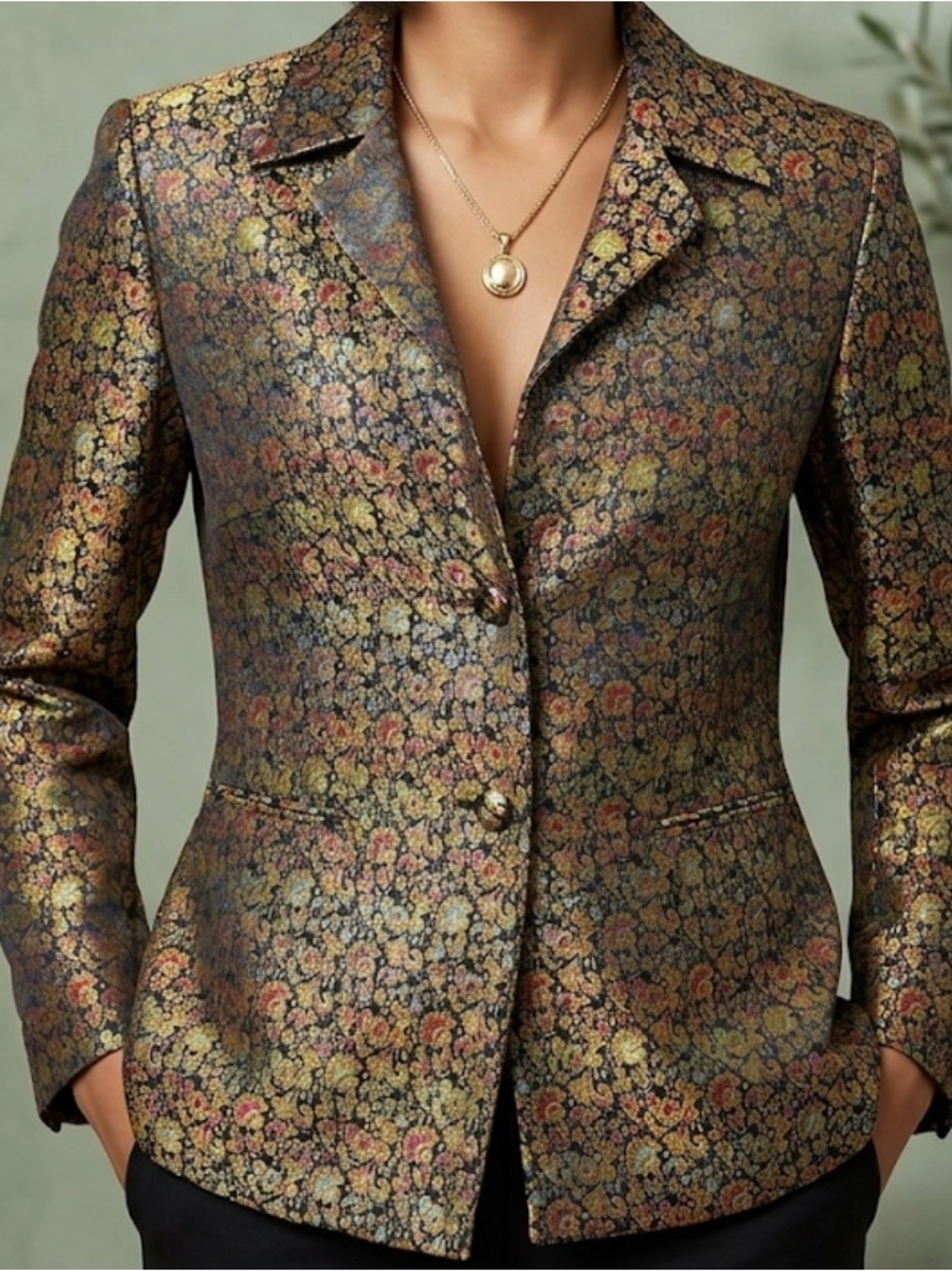 SilkLand Metallic Floral Brocade Jacket in Gold and Black